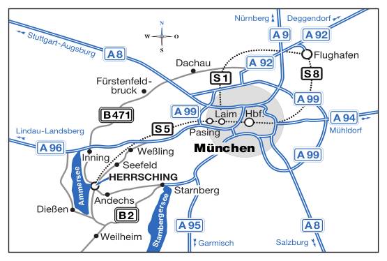 Map showing the postion of Herrsching south-west of Munich